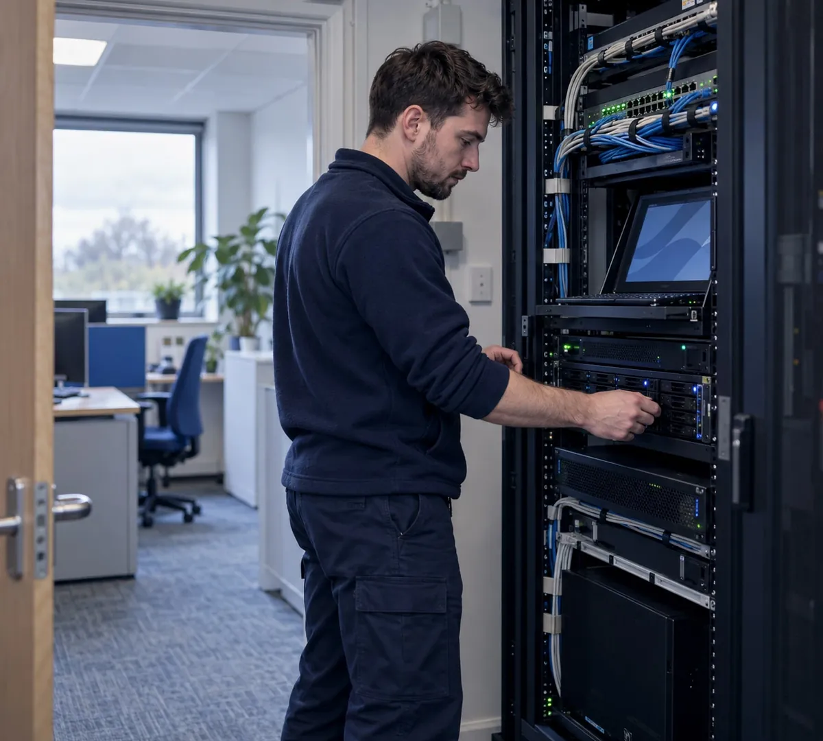 IT engineer checking backup and disaster recovery Hampshire server rack in a small office comms room