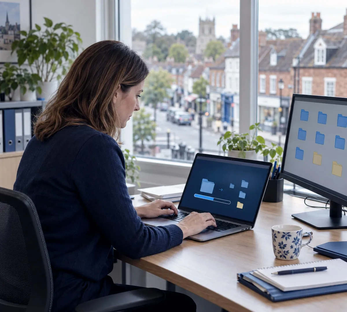 Office manager restoring Microsoft 365 files on a laptop at a desk in a Hampshire business