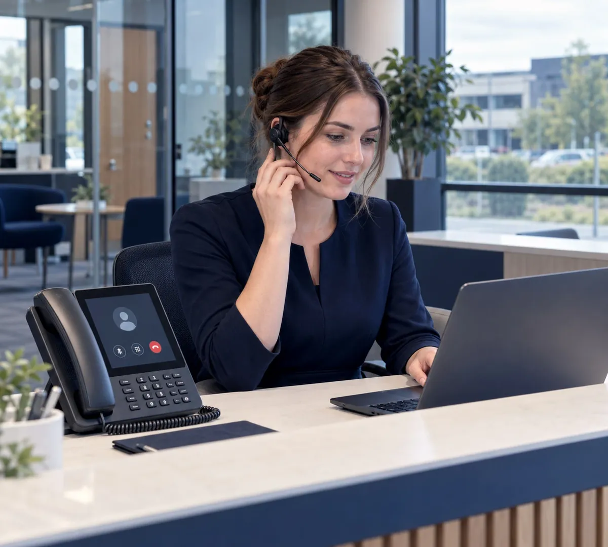 Receptionist answering a call on a cloud phone system Hampshire office desk handset with laptop softphone