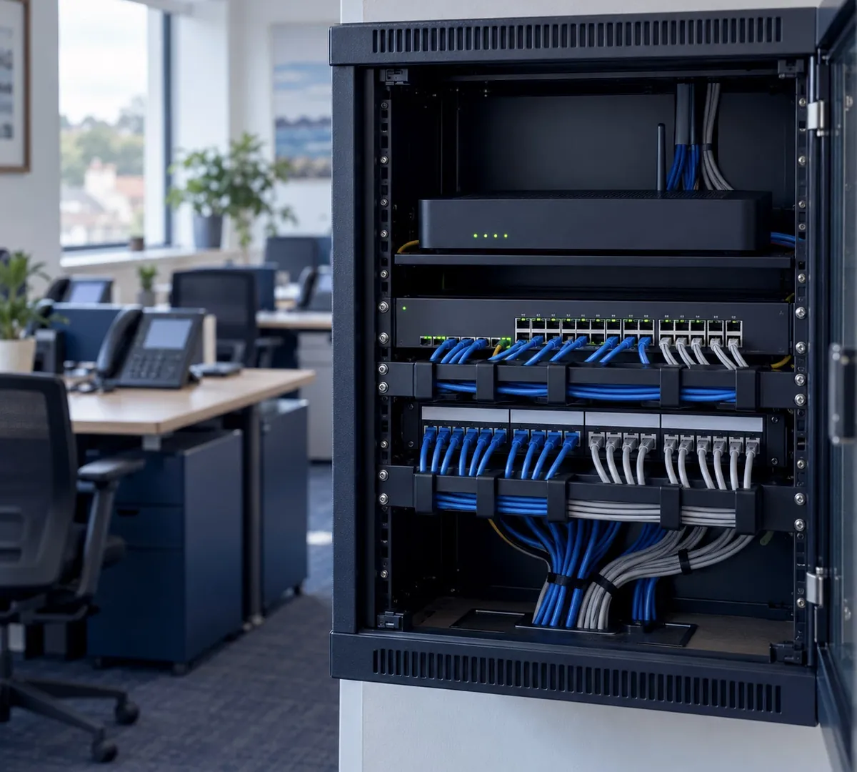 Business router and network switch powering VoIP desk phones in a small office comms cabinet