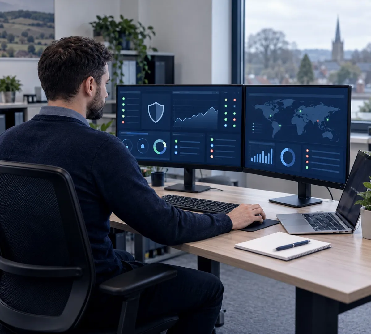 Engineer reviewing a security dashboard during Cyber Essentials Hampshire gap analysis