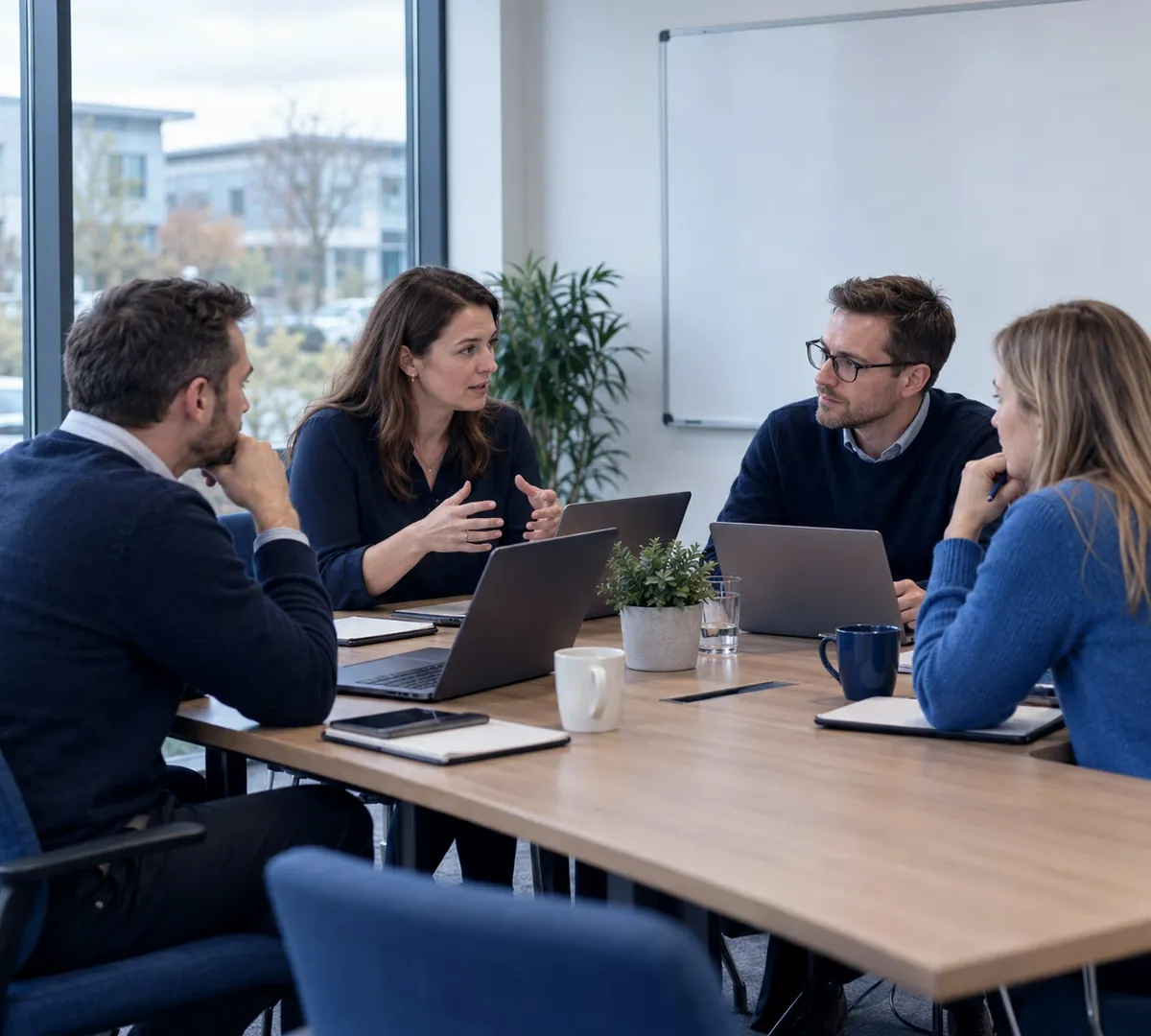 Small business team in a Hampshire office discussing security controls