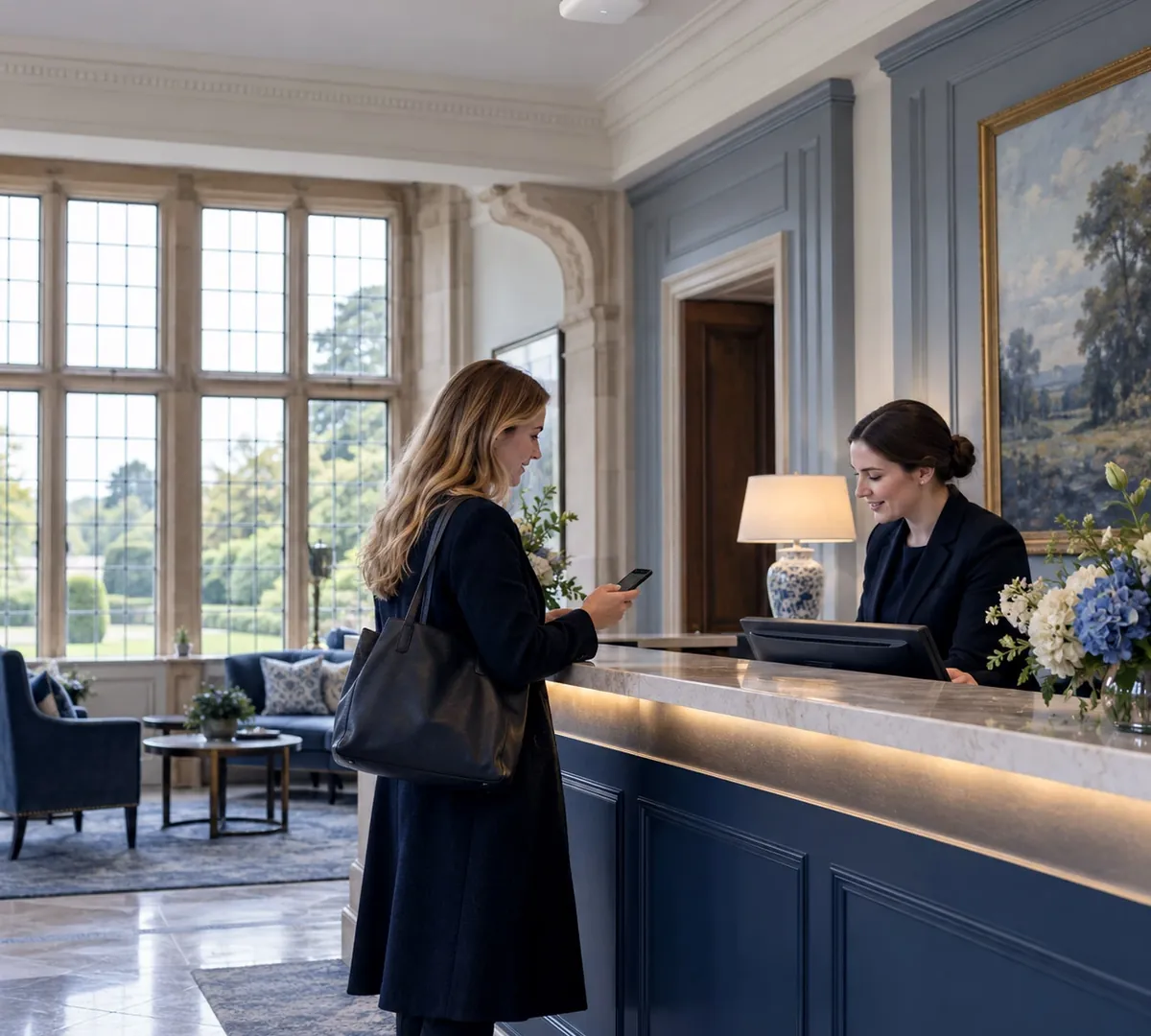 Guest wifi Hampshire hotel reception with a visitor connecting a phone to the guest network