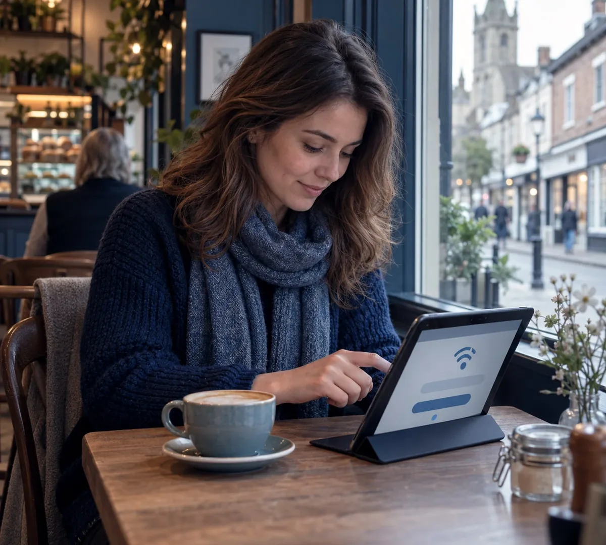 Café customer signing in to business WiFi through a branded splash page on a tablet