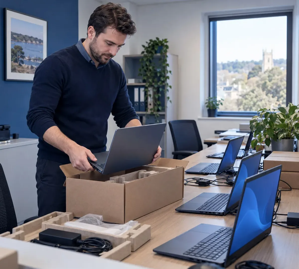 Technician setting up new Windows 11 laptops on a desk during a hardware refresh project