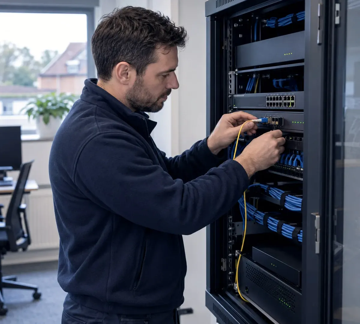 Engineer connecting fibre in an office comms cabinet for a leased line in Hampshire