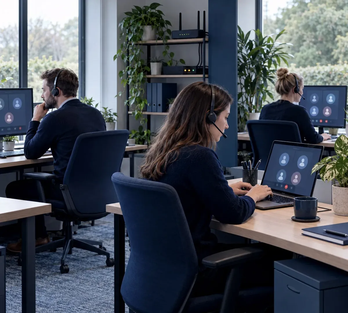 Office team working on video calls while a backup connection keeps them online