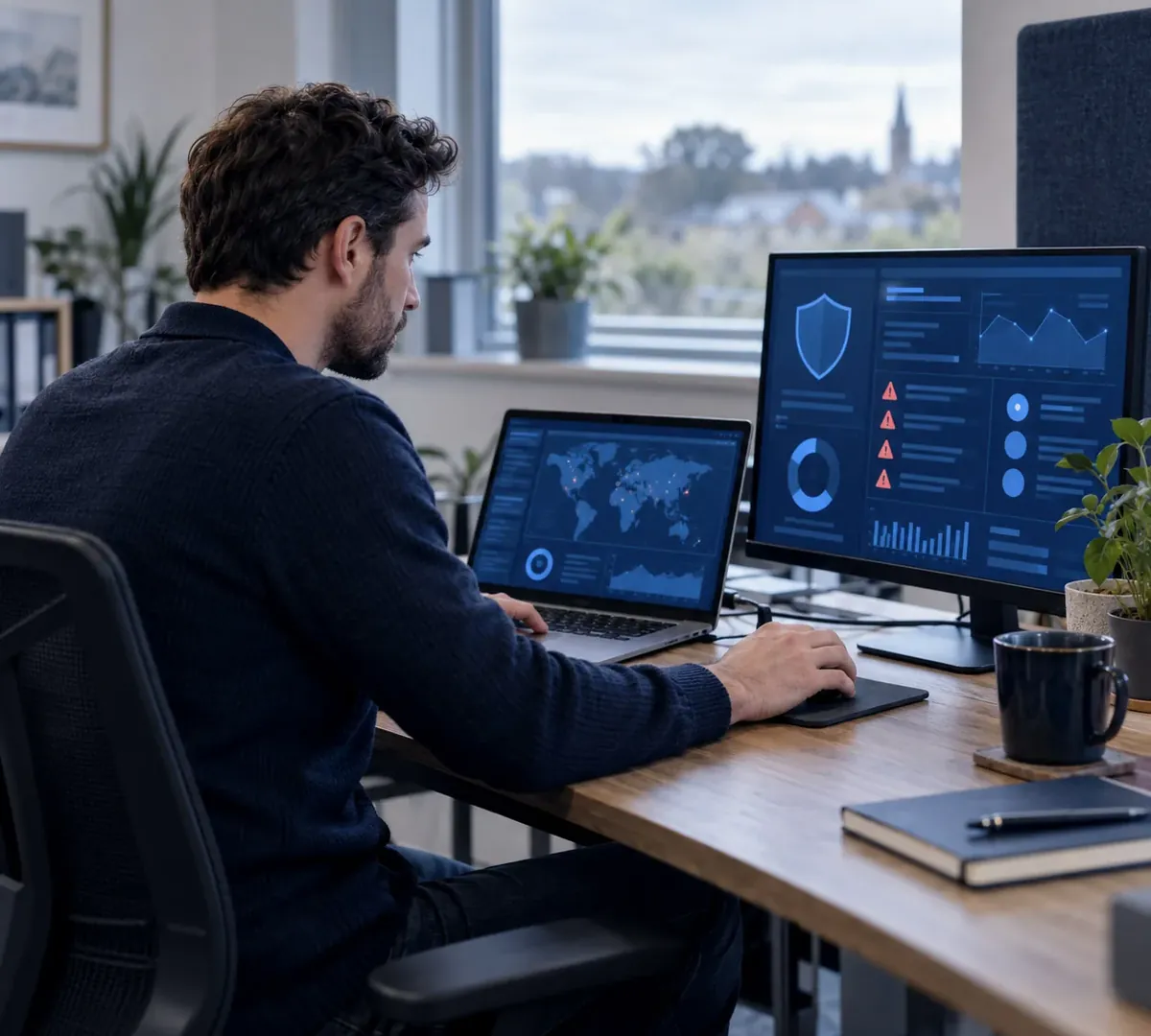 IT engineer reviewing endpoint alerts on a laptop for a cyber security Hampshire client