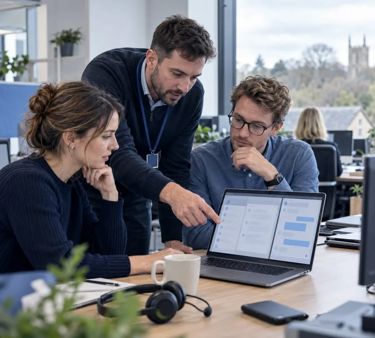 IT engineer giving Microsoft 365 support Hampshire office staff at a desk with laptop and headset