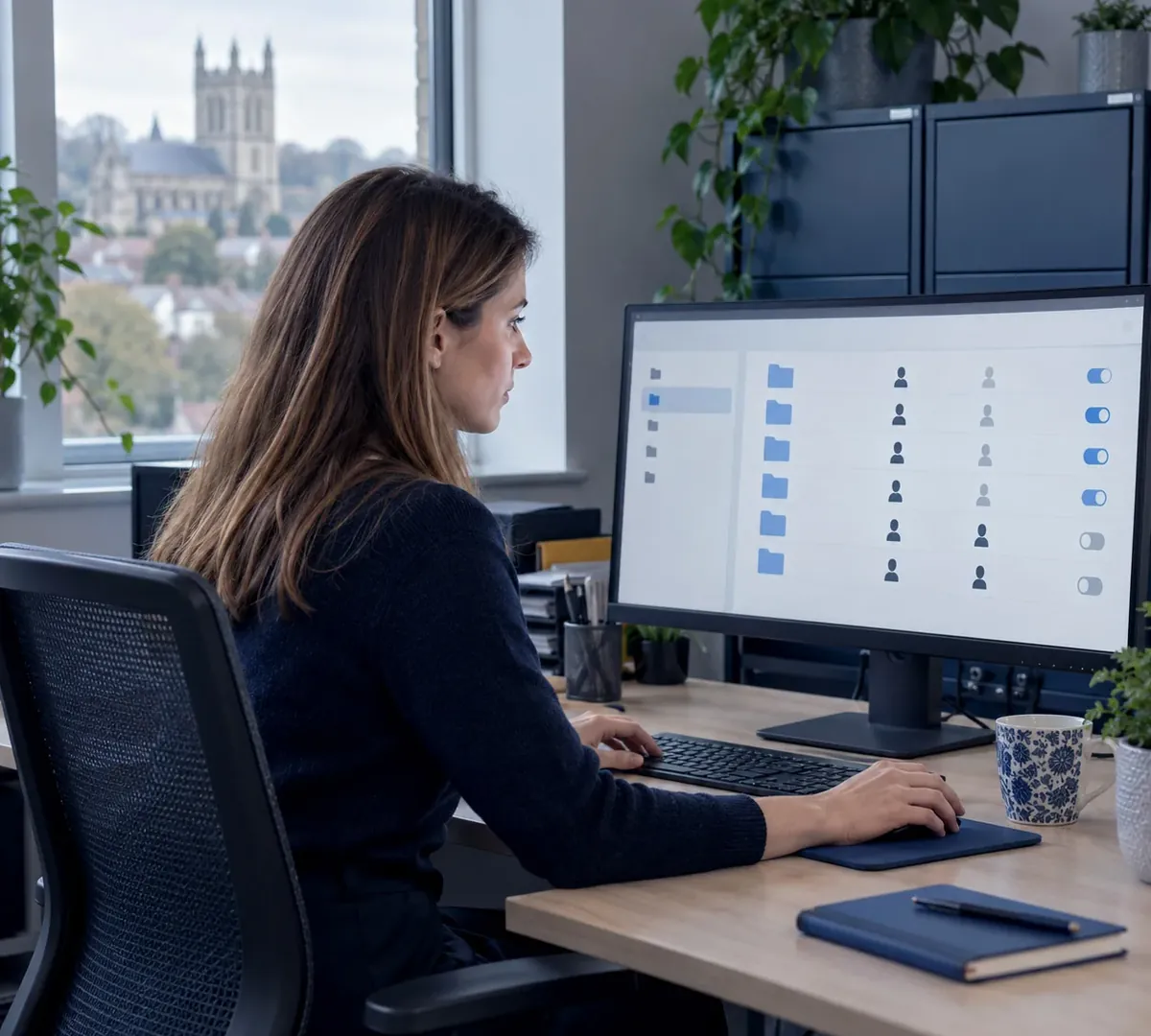 Business owner reviewing SharePoint file permissions on a large monitor before a Copilot rollout